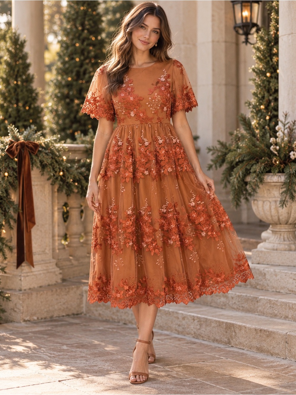 NWT Deauville Rust Floral Embroidered Tulle Midi Dress Size Small